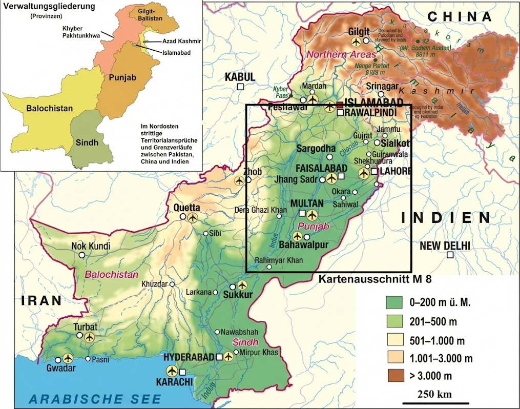 Karte von Pakistan mit Provinzgrenzen, Städten und Höhenstufen.